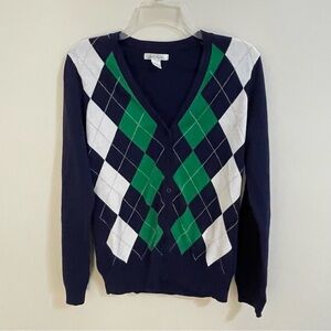Lady Hagen Navy and Green Argyle Cardigan